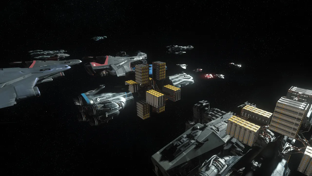 A fleet with a cargo hauler and containers in deep space