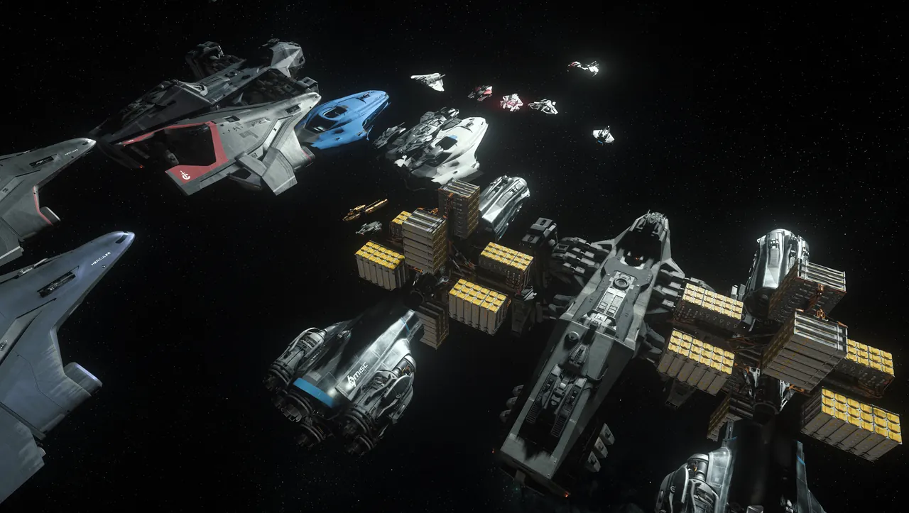 A fleet of ships in formation in deep space